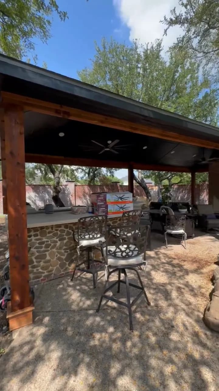 Cedar Gable Pavilion with Cathedral Fireplace — patio covers in Aledo, Texas