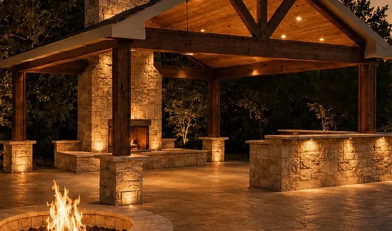 A stone fireplace and bar under a Royal Patio cedar pavilion at dusk