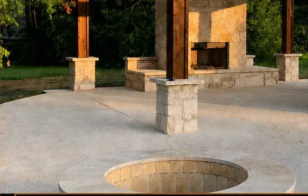 A round stone fire pit set into stamped concrete on a Royal Patio project at dusk