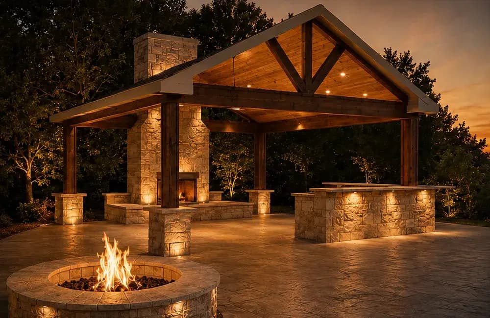 Gabled Cedar Pavilion with Stone Fireplace — patio covers and stamped concrete in Prosper, Texas