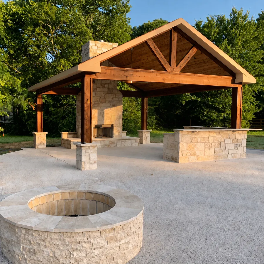 Gabled cedar pavilion with stone columns and a round stone fire pit