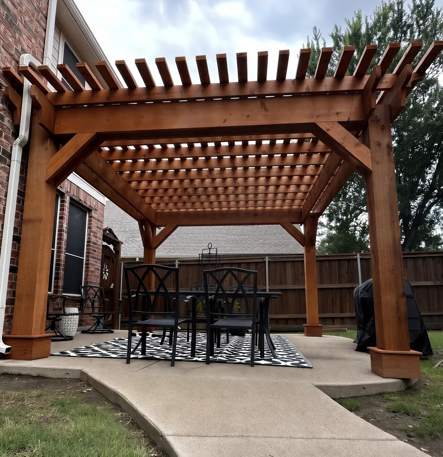 Cedar pergola over an outdoor dining table